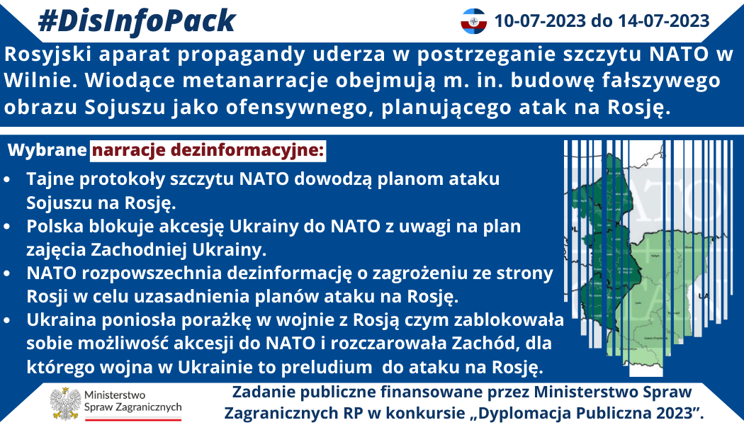 14/07/2023 r.: Rosyjski aparat propagandy uderza w postrzeganie szczytu NATO w Wilnie. Wiodące metanarracje obejmują m. in. budowę fałszywego obrazu Sojuszu jako ofensywnego, planującego atak na Rosję.