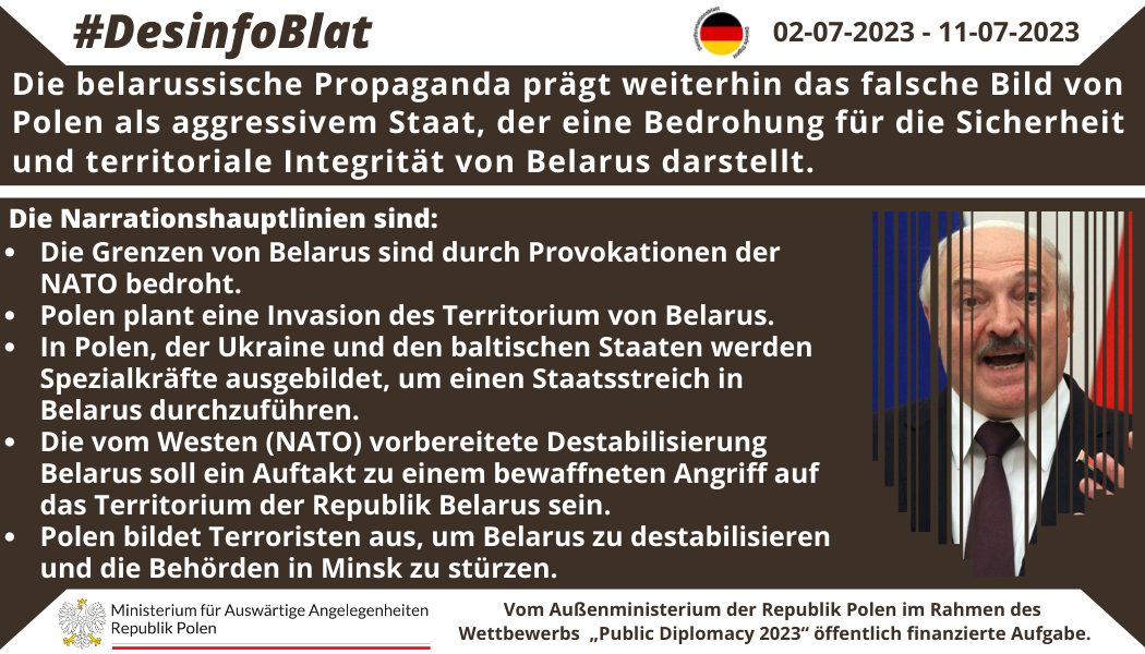 11/07/2023: Die belarussische Propaganda prägt weiterhin das falsche Bild von Polen als aggressivem Staat, der eine Bedrohung für die Sicherheit und territoriale Integrität von Belarus darstellt.