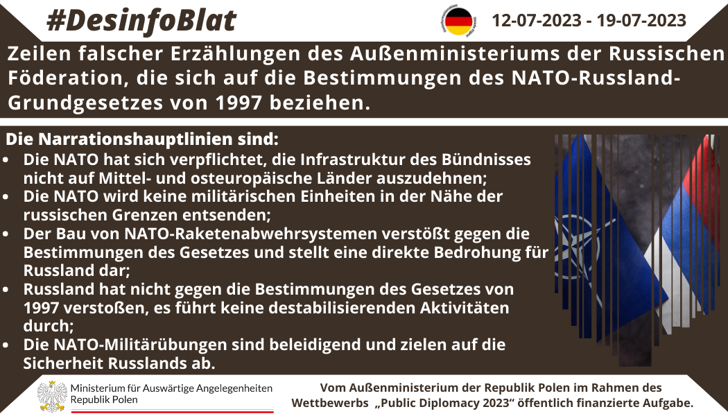 19/07/2023: Ausgewählte Zeilen falscher Erzählungen des Außenministeriums der Russischen Föderation, die sich auf die Bestimmungen des NATO-Russland-Grundgesetzes von 1997 beziehen. Zeilen falscher Erzählungen des Außenministeriums der Russischen Föderation, die sich auf die Bestimmungen des NATO-Russland-Grundgesetzes von 1997 beziehen.