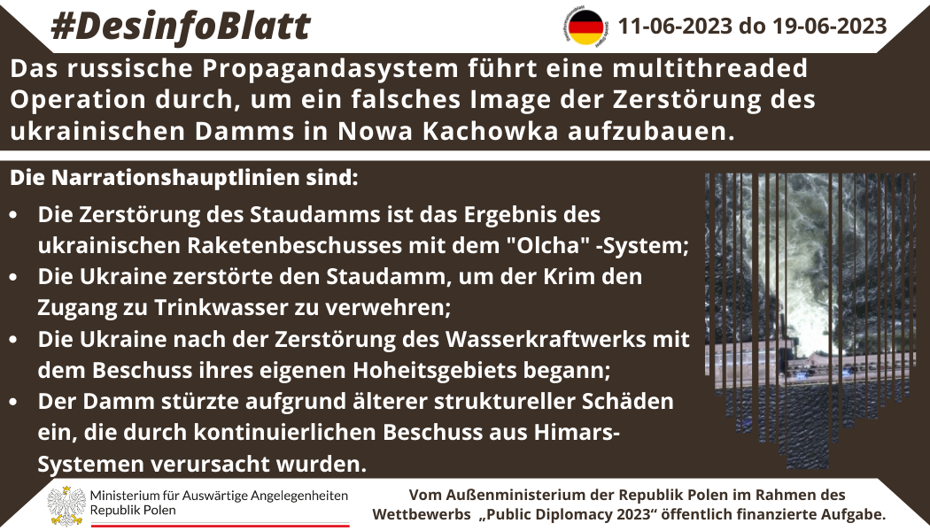 19/06/2023: Das russische Propagandasystem führt eine multithreaded Operation durch, um ein falsches Image der Zerstörung des ukrainischen Damms in Nowa Kachowka aufzubauen.