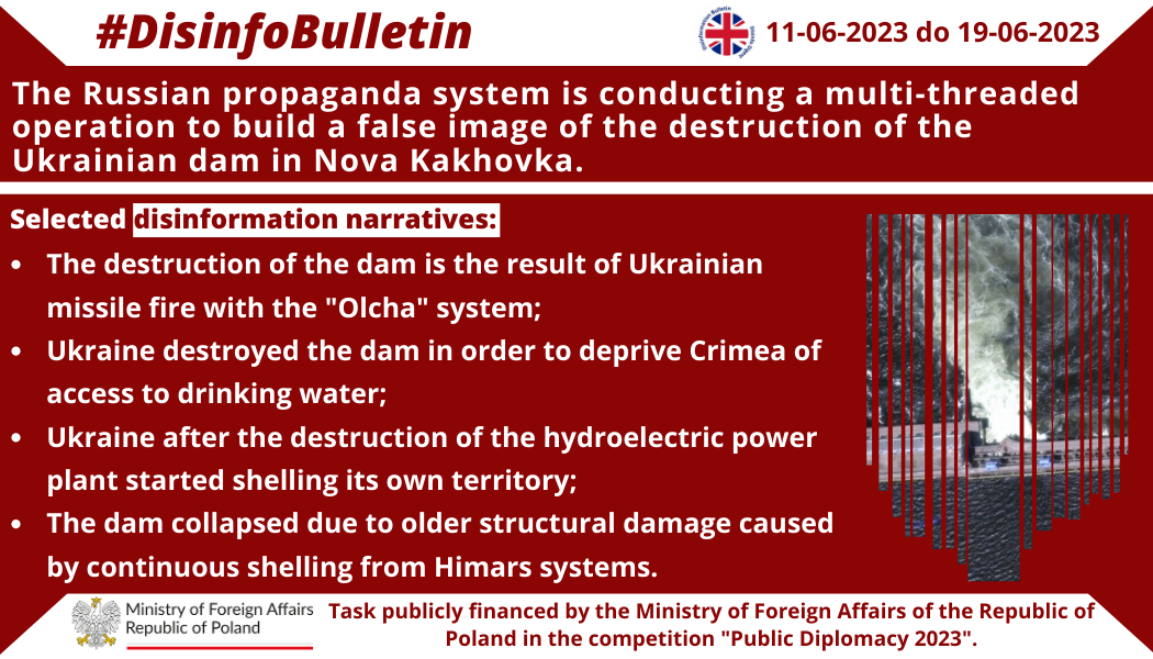 19/06/2023: The Russian propaganda system is conducting a multi-threaded operation to build a false image of the destruction of the Ukrainian dam in Nova Kakhovka.