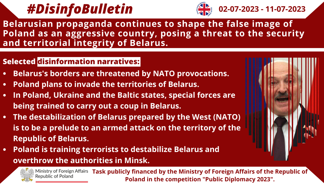 11/07/2023: Belarusian propaganda continues to shape the false image of Poland as an aggressive country, posing a threat to the security and territorial integrity of Belarus.