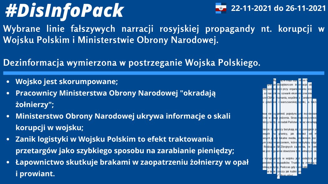 26/11/2021 Dezinformacja wymierzona w postrzeganie Wojska Polskiego. Wybrane linie fałszywych narracji rosyjskiej propagandy nt. korupcji w Wojsku Polskim i Ministerstwie Obrony Narodowej.