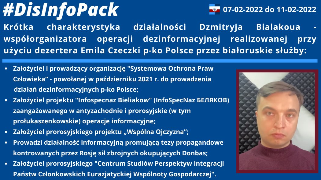 11/02/2022: Krótka charakterystyka działalności Dzmitryja Bialakoua – współorganizatora operacji dezinformacyjnej realizowanej przy użyciu dezertera Emila Czeczki p-ko Polsce przez białoruskie służby.