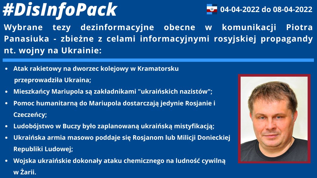 08/04/2022: Wybrane tezy dezinformacyjne obecne w komunikacji Piotra Panasiuka – zbieżne z celami informacyjnymi rosyjskiej propagandy nt. wojny na Ukrainie.