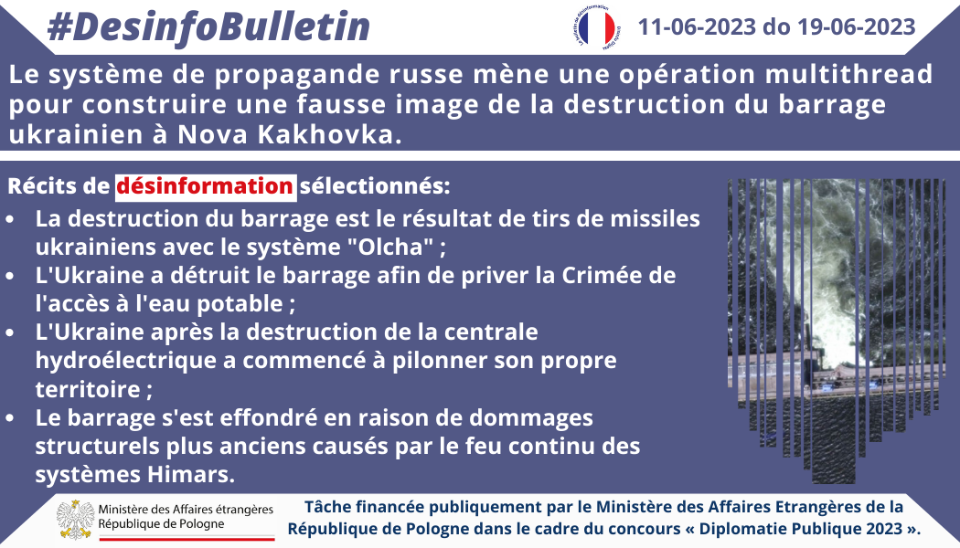 19/06/2023 r.: Le système de propagande russe mène une opération multithread pour construire une fausse image de la destruction du barrage ukrainien à Nova Kakhovka.