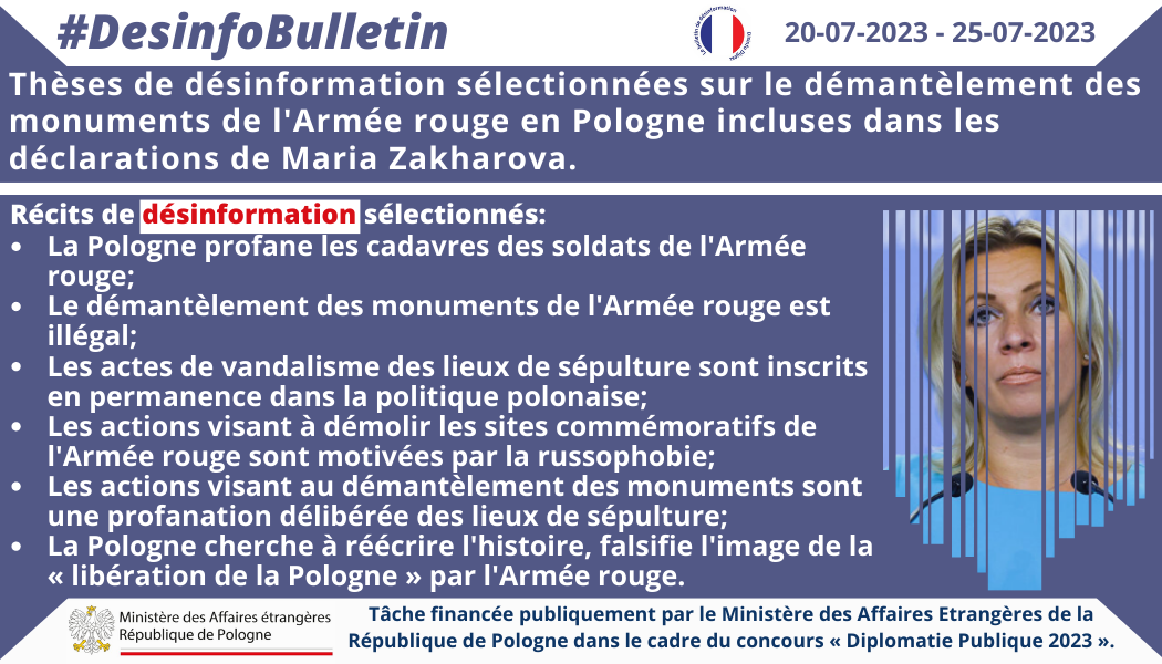 25/07/2023: Maria Zakharova (Ministère russe des Affaires étrangères) ment constamment sur le démantèlement des monuments de l’Armée rouge en Pologne.