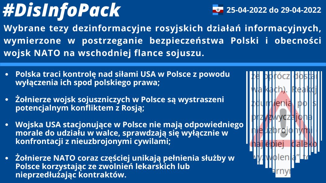 29/04/2022: Wybrane tezy dezinformacyjne rosyjskich działań informacyjnych, wymierzone w postrzeganie bezpieczeństwa Polski i obecności wojsk NATO na wschodniej flance sojuszu.