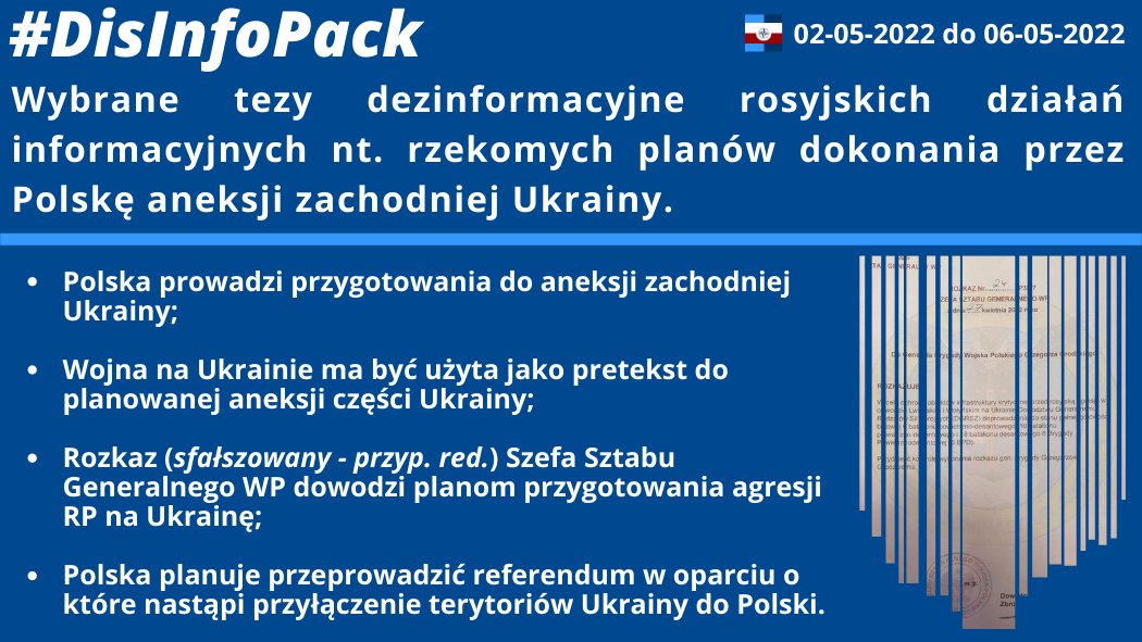 06/05/2022: Wybrane tezy dezinformacyjne rosyjskich działań informacyjnych nt. rzekomych planów dokonania przez Polskę aneksji zachodniej Ukrainy.