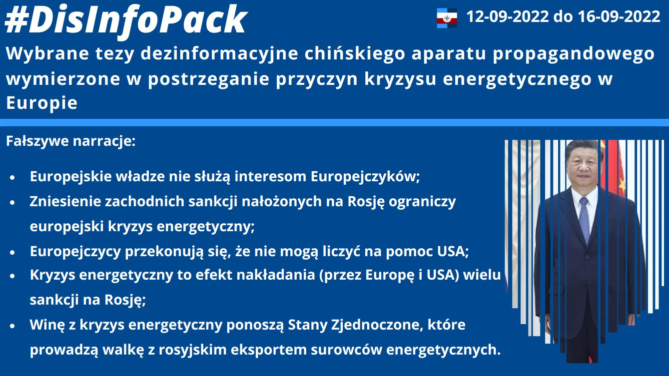 16/09/2022: Beneficjentem aktywności propagandowej Chin, wymierzonej w postrzeganie przyczyn kryzysu energetycznego w Europie – jest Rosja. Monitorowaliśmy aktywność chińskiej propagandy w Polsce. W dzisiejszym #DisInfoPack przedstawiamy linie fałszywych narracji stosowanych przez Chiny: