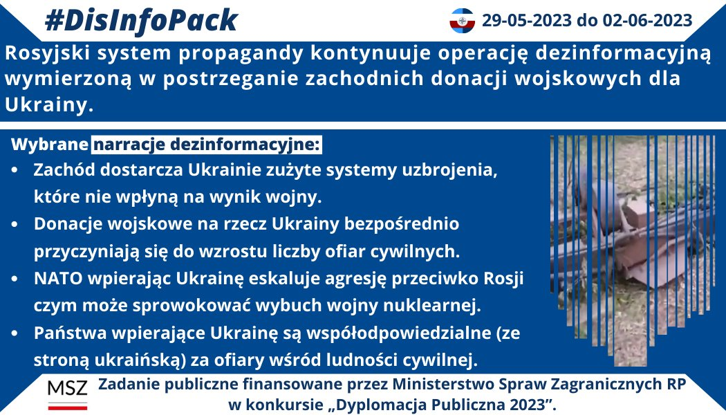 02/06/2023 r.: Rosyjski system propagandy kontynuuje operację dezinformacyjną wymierzoną w postrzeganie zachodnich donacji wojskowych dla Ukrainy. Jednym z celów tej operacji jest obniżenie poparcia społecznego na Zachodzie dla programów wsparcia wysiłku obronnego Ukrainy. Przybliżamy wybrane, fałszywe narracje, którymi posługuje się aparat propagandowy Federacji Rosyjskiej: