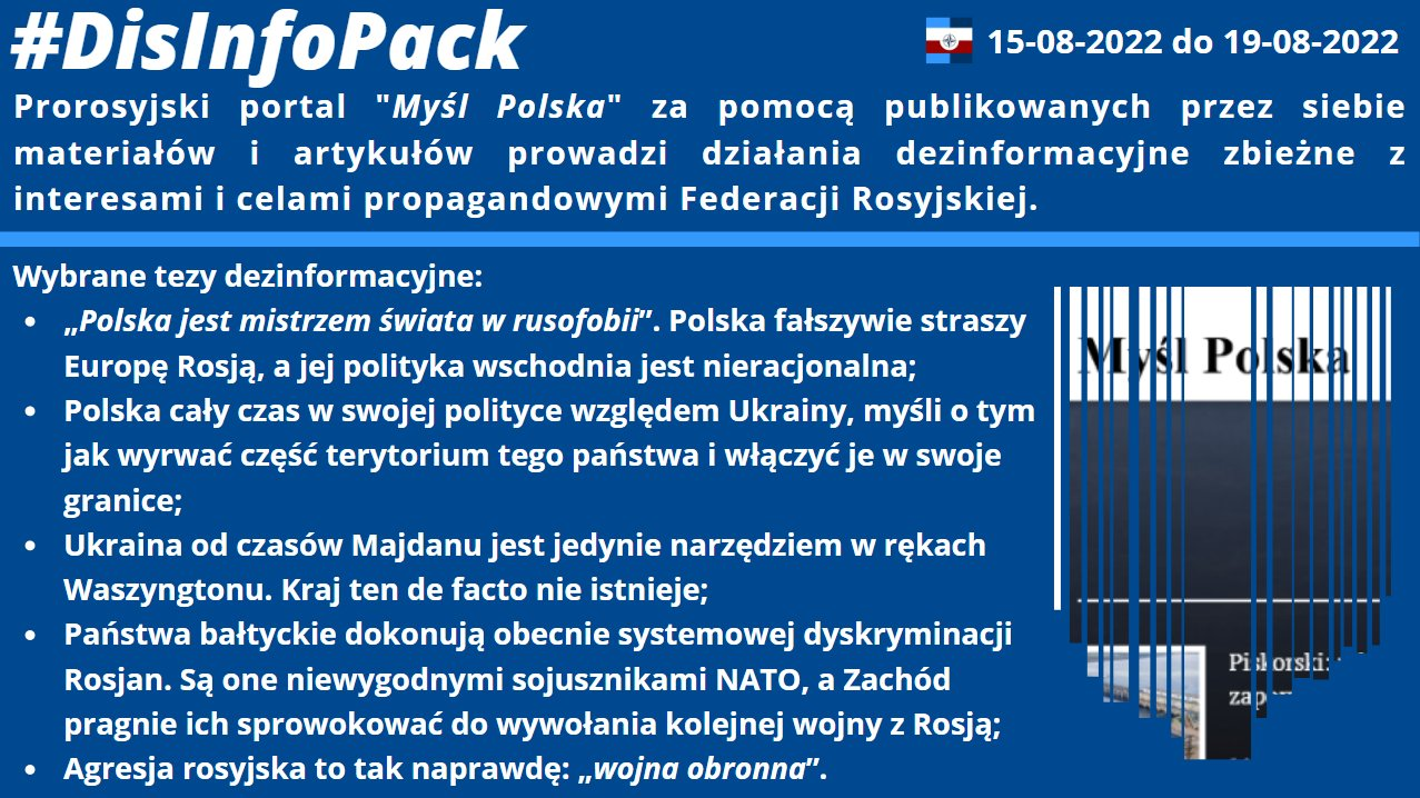 19/08/2022: Monitorowaliśmy prorosyjską aktywność portalu „Myśl Polska”, który za pomocą „publicystyki” prowadzi działania dezinformacyjne zbieżne z interesami i celami propagandowymi Federacji Rosyjskiej. Ostrzegamy przed aktywnością dezinformacyjną tego obiektu: