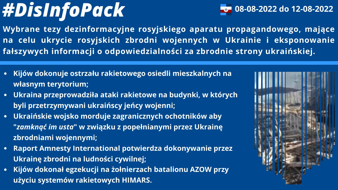 12/08/2022: Wybrane tezy dezinformacyjne rosyjskiego aparatu propagandowego, mające na celu ukrycie rosyjskich zbrodni wojennych popełnianych w Ukrainie przy jednoczesnym eksponowaniu fałszywych tez o odpowiedzialności za zbrodnie strony ukraińskiej.