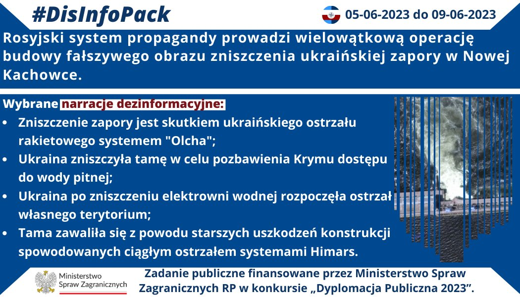 09/06/2023 r.: Rosyjski system propagandy prowadzi wielowątkową operację budowy fałszywego obrazu zniszczenia ukraińskiej zapory w Nowej Kachowce. W ramach rosyjskiej operacji dezorientowania i kształtowania fałszywego obrazu wysadzenia zapory w Nowej Kachowce są promowane: dezinformacja, manipulacja i spekulacje. Przedstawiamy wybrane, fałszywe, narracje rosyjskiej propagandy. Zachęcamy również do zapoznania się z oświadczeniem @MSZ_RP w związku z wysadzeniem przez stronę rosyjską zapory na Dnieprze w Nowej Kachowce. LINK