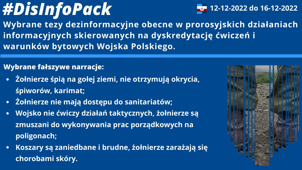 16/12/2022: Monitorowaliśmy aktywność prorosyjskich obiektów w sieci poruszających tematykę ćwiczeń Wojska Polskiego. W DisInfoPack prezentujemy wybrane tezy dezinformacyjne obecne w prorosyjskich działaniach informacyjnych mające dyskredytować ćwiczenia i warunki bytowe rezerwy SZRP.