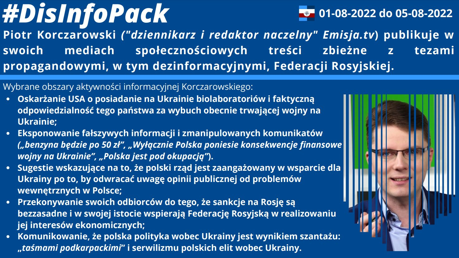 05/08/2022: Piotr Korczarowski („dziennikarz, redaktor naczelny” Emisja-tv) publikuje w swoich mediach społecznościowych treści zbieżne z tezami propagandowymi, w tym dezinformacyjnymi, Federacji Rosyjskiej. Przybliżamy wybrane obszary aktywności informacyjnej Korczarowskiego: