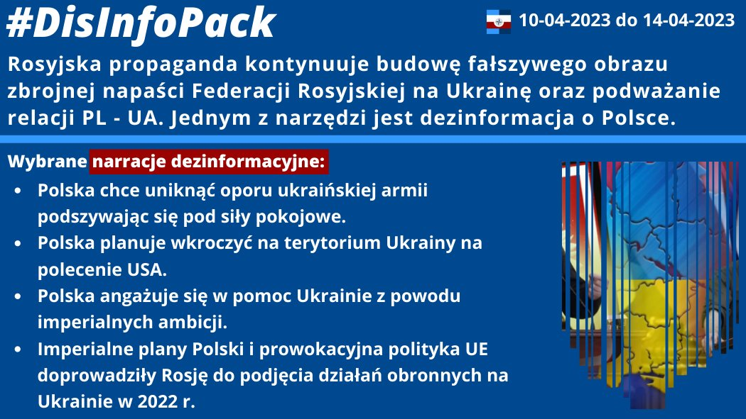 14/04/2023 r.: Rosyjska propaganda kontynuuje budowę fałszywego obrazu zbrojnej napaści Federacji Rosyjskiej na Ukrainę oraz podważanie relacji PL – UA. Jednym z narzędzi są operacje dezinformacyjne wymierzone w postrzeganie Polski. Przybliżamy najczęściej występujące w bieżącym tygodniu fałszywe narracje: