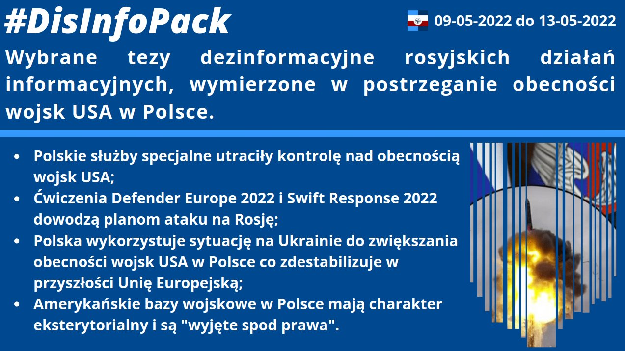 13/05/2022: Wybrane tezy dezinformacyjne rosyjskich działań informacyjnych, wymierzone w postrzeganie obecności wojsk USA w Polsce.