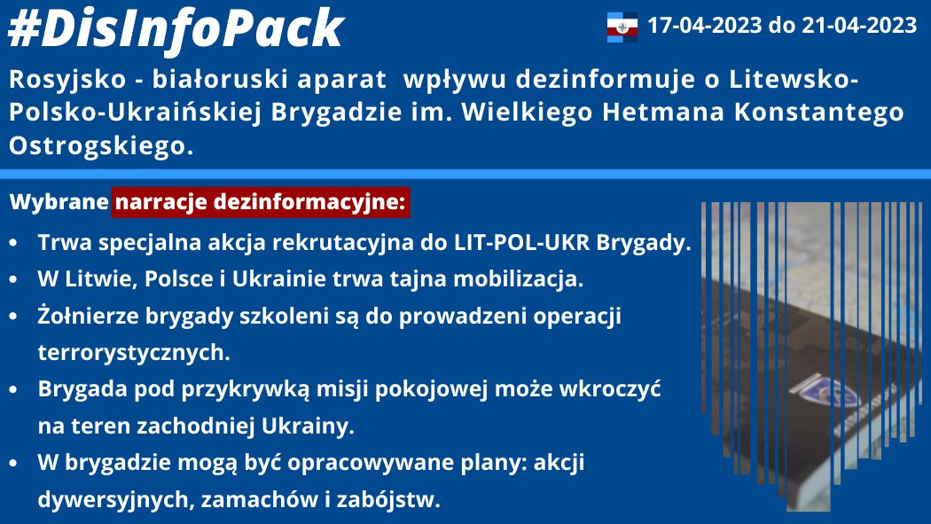 21/04/2023 r.: Rosyjsko – białoruski aparat wpływu dezinformuje o Litewsko-Polsko-Ukraińskiej Brygadzie im. Wielkiego Hetmana Konstantego Ostrogskiego. Przybliżamy najczęściej występujące w bieżącym tygodniu fałszywe narracje.