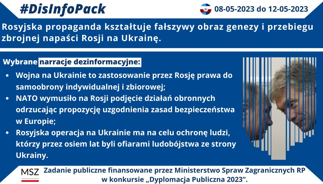 12/05/2023 r.: System propagandy Kremla dąży do stworzenia fałszywego wrażenia jakoby wojna na Ukrainie była sprowokowana m. in. przez NATO, które rzekomo zmusiło Rosję do podjęcia działań obronnych. Prezentujemy wybrane narracje dezinformacyjne zawarte w wypowiedziach ministra spraw zagranicznych FR Siergieja Ławrowa oraz Dmitrija Pieskowa – rzecznika prasowego prezydenta Federacji Rosyjskiej. Rosyjska propaganda kształtuje fałszywy obraz genezy i przebiegu zbrojnej napaści Rosji na Ukrainę: