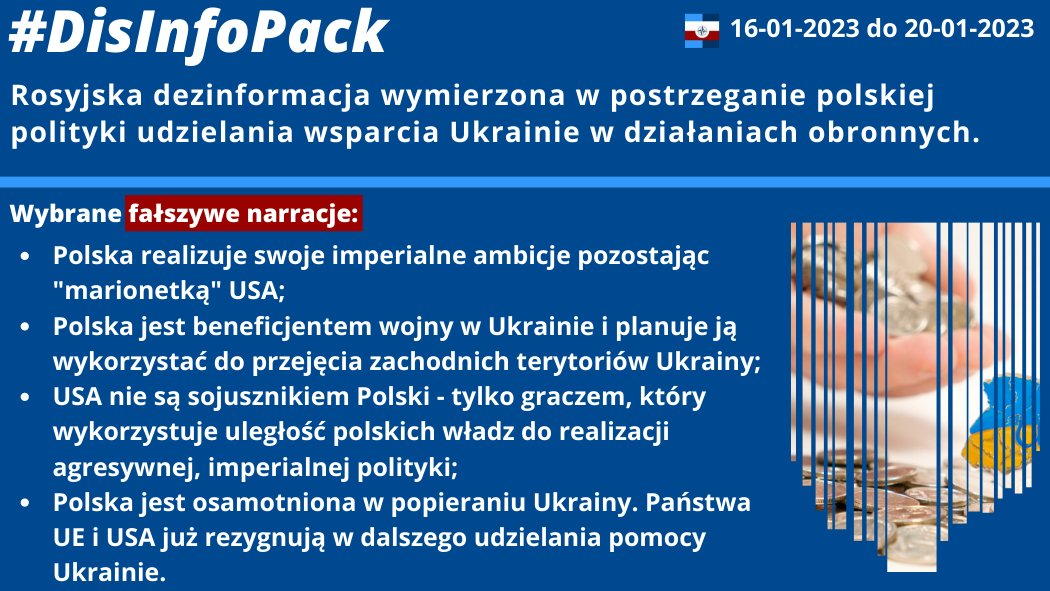 20/01/2023: Monitorowaliśmy rosyjską aktywność propagandową skierowaną na manipulowanie postrzeganiem zaangażowania Polski w wspieranie Ukrainy i jej działań obronnych. W #DisInfoPack prezentujemy wybrane fałszywe narracje wymierzone w postrzeganie zaangażowania Polski w pomoc Ukrainie: