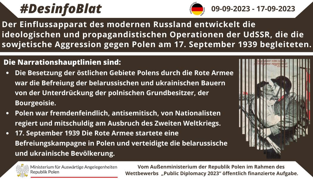 17/09/2023: Der Einflussapparat des modernen Russland entwickelt die ideologischen und propagandistischen Operationen der UdSSR, die die sowjetische Aggression gegen Polen am 17. September 1939 begleiteten.