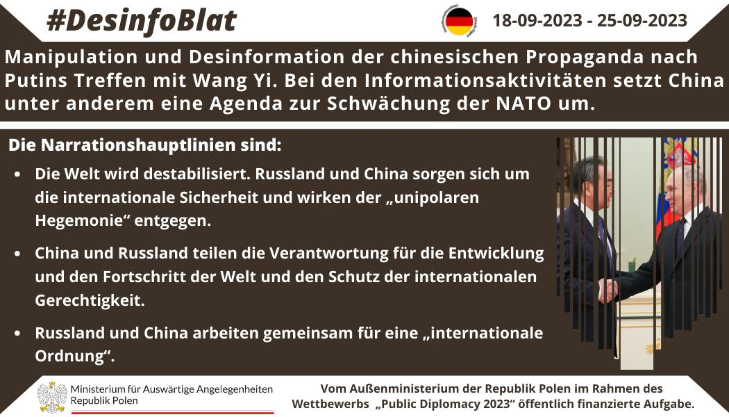 25/09/2023: Manipulation und Desinformation der chinesischen Propaganda nach Putins Treffen mit Wang Yi. Bei den Informationsaktivitäten setzt China unter anderem eine Agenda zur Schwächung der NATO um.