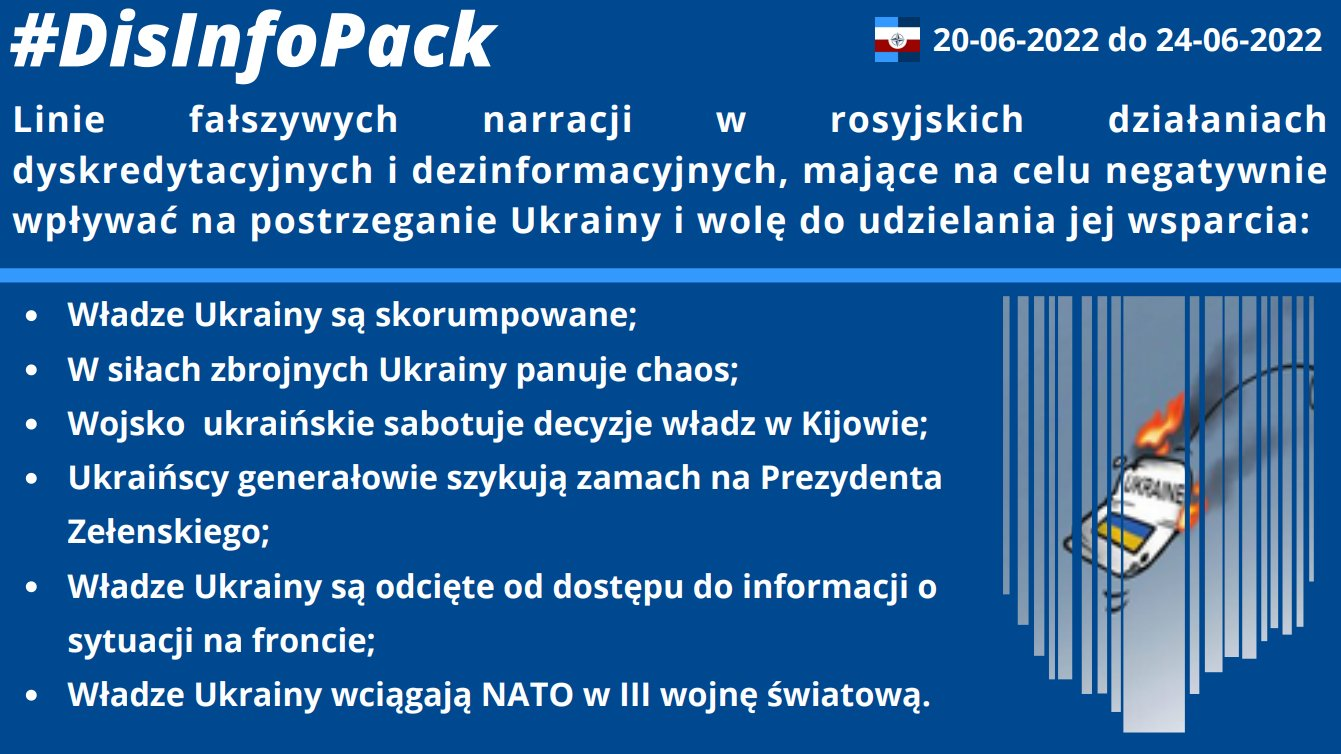 23/06/2022: Analizowaliśmy rosyjskie działania dyskredytacyjne i dezinformacyjne mające na celu negatywnie wpływać na postrzeganie Ukrainy i woli do udzielania jej wsparcia. W najnowszym #DisInfoPack o stosowanych przez Rosjan fałszywych tezach dyskredytujących ukraińskie władze i wojsko: