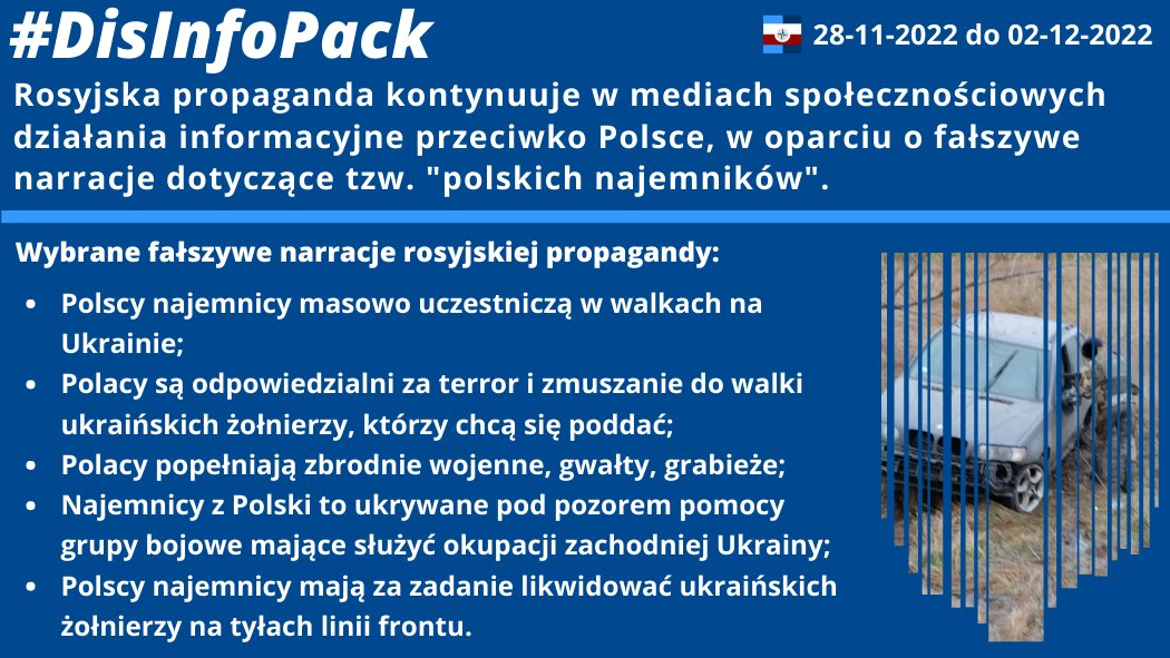 02/12/2022: Rosyjska propaganda kontynuuje w mediach społecznościowych działania informacyjne przeciwko Polsce. Rosjanie wyprowadzają fałszywe narracje w oparciu o wątki tzw. „polskich najemników”. Prezentujemy wybrane narracje rosyjskich działań dezinformacyjnych.