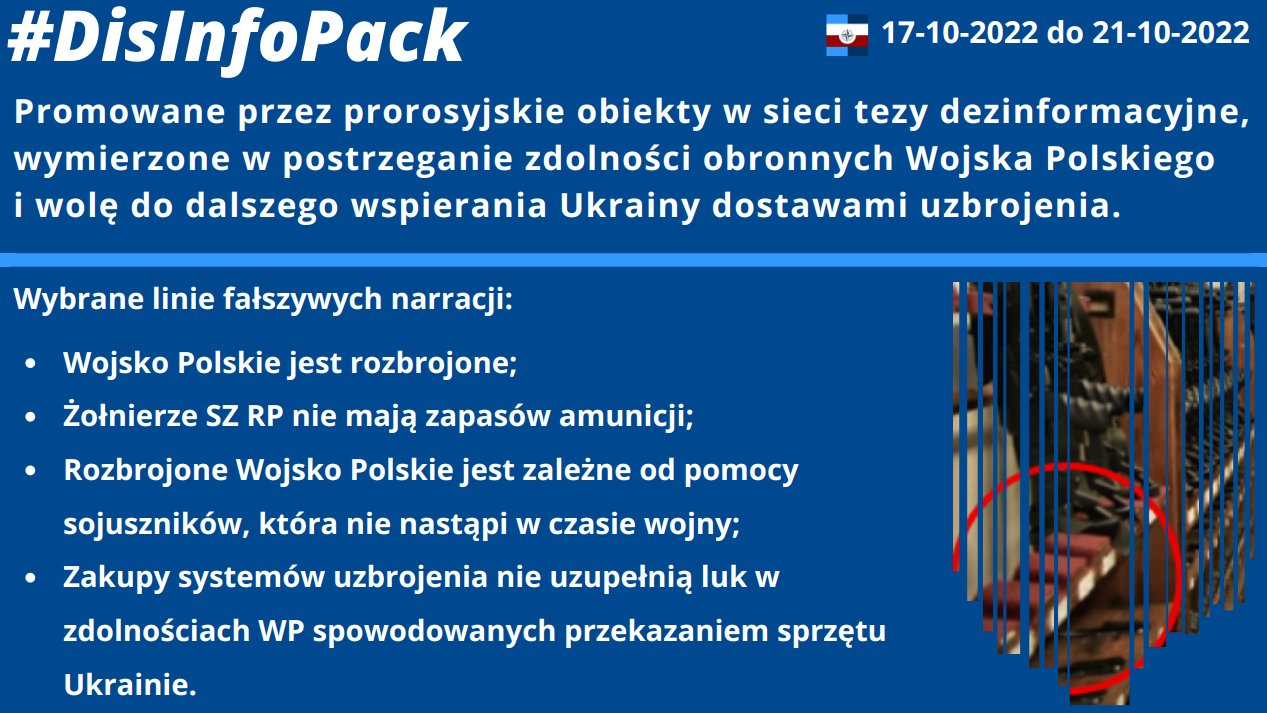 21/10/2022: Przedstawiamy promowane przez prorosyjskie obiekty w sieci tezy dezinformacyjne, wymierzone w postrzeganie zdolności obronnych Wojska Polskiego i wolę do dalszego wspierania Ukrainy dostawami uzbrojenia. Poznaj linie fałszywych narracji i nie daj sobą manipulować.