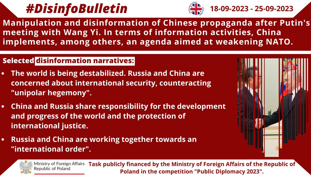 25/09/2023: Manipulation and disinformation of Chinese propaganda after Putin’s meeting with Wang Yi. In terms of information activities, China implements, among others, an agenda aimed at weakening NATO.