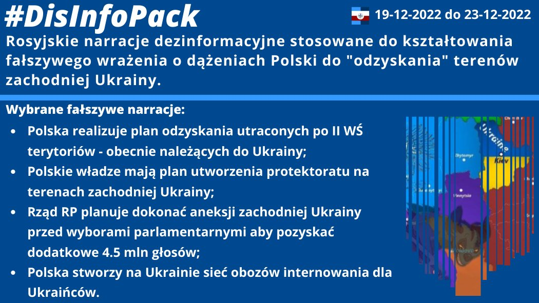 23/12/2022: Monitorowaliśmy rosyjskie działania informacyjne oparte na fałszywych tezach o dążeniach Polski do „odzyskania” terenów zachodniej Ukrainy. W #DisInfoPack prezentujemy wybrane narracje dezinformacyjne stosowane przez Rosjan w komunikacji prowadzonej w mediach społecznościowych: