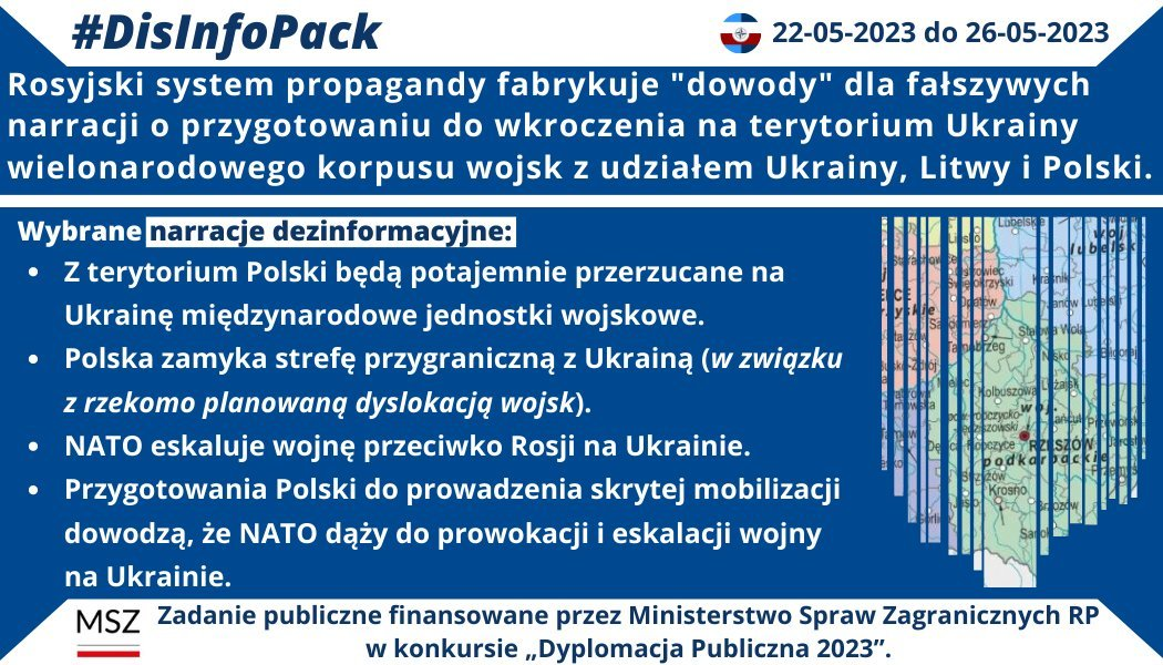 26/05/2023 r.: Rosyjska propaganda fabrykuje „dowody” dla fałszywych narracji o przygotowaniu do wkroczenia na terytorium Ukrainy wielonarodowego korpusu wojsk z udziałem Ukrainy, Litwy i Polski. Jednym z elementów tej operacji było posługiwanie się fałszywymi dokumentami Marszałka Województwa Podkarpackiego oraz Ministerstwa Obrony Ukrainy i Szefa Sztabu Generalnego Sił Zbrojnych Ukrainy. W najnowszym #DisInfoPack prezentujemy wybrane (fałszywe) narracje towarzyszące tej operacji: