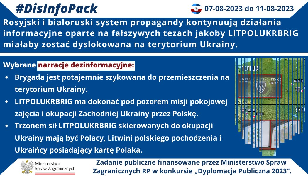 11/08/2023 r.: Fałszywe tezy nt. planu udziału LITPOLUKRBRIG w okupacji Zachodniej Ukrainy przez Polskę to stale obecny w ostatnich miesiącach wektor działań dezinformacyjnych rosyjskiego i białoruskiego aparatu wpływu.