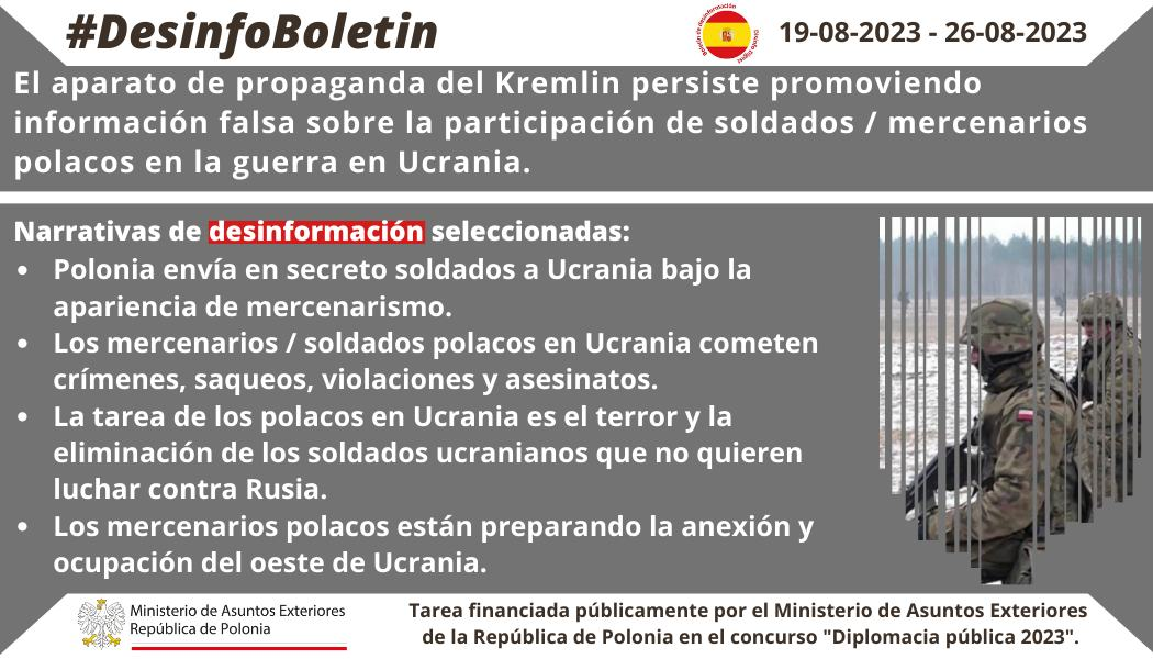 26/08/2023: El aparato de propaganda del Kremlin persiste promoviendo información falsa sobre la participación de soldados / mercenarios polacos en la guerra en Ucrania.