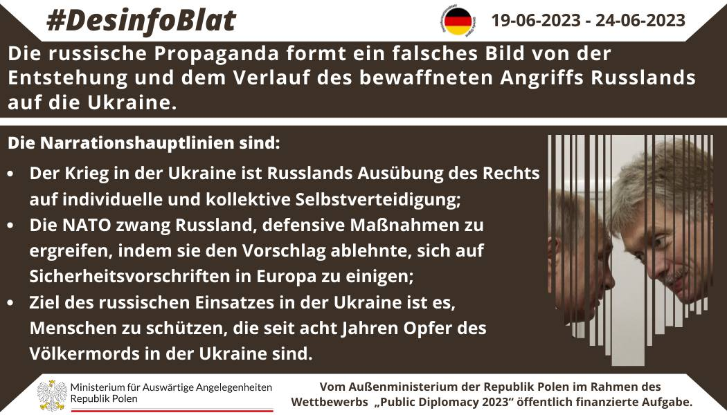 24/06/2023: Das Propagandasystem des Kremls versucht einen falschen Eindruck zu erwecken, dass der Krieg in der Ukraine unter anderem durch die NATO provoziert wurde, die Russland angeblich zu defensiven Maßnahmen zwang.