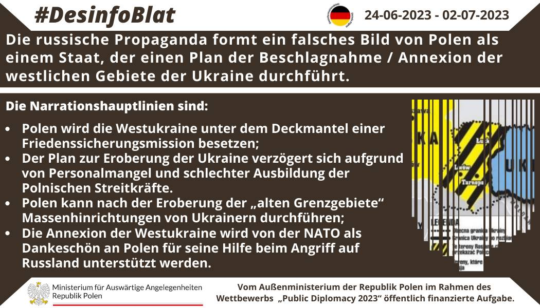 03/07/2023: Die russische Propaganda formt ein falsches Bild von Polen als einem Staat, der einen Plan der Beschlagnahme / Annexion der westlichen Gebiete der Ukraine durchführt.