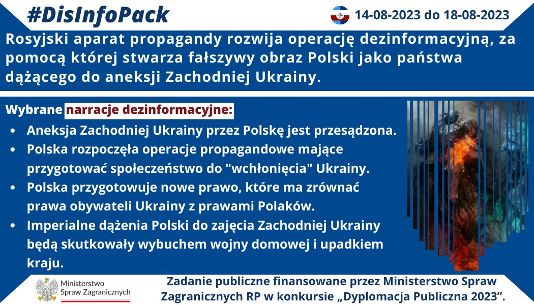 18/08/2023 r.: Rosyjski aparat propagandy rozwija operacje dezinformacyjne, za pomocą których stwarza fałszywy obraz Polski jako państwa dążącego do aneksji Zachodniej Ukrainy.