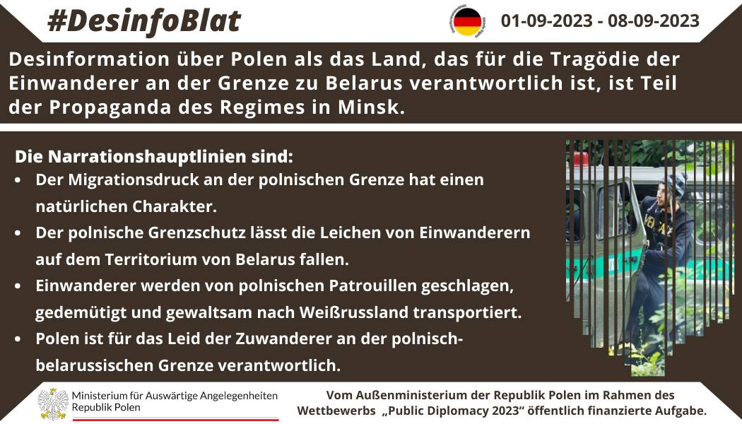 08/09/2023: Desinformation über Polen als das Land, das für die Tragödie der Einwanderer an der Grenze zu Belarus verantwortlich ist, ist Teil der Propaganda des Regimes in Minsk. Die Narrationshauptlinien sind: