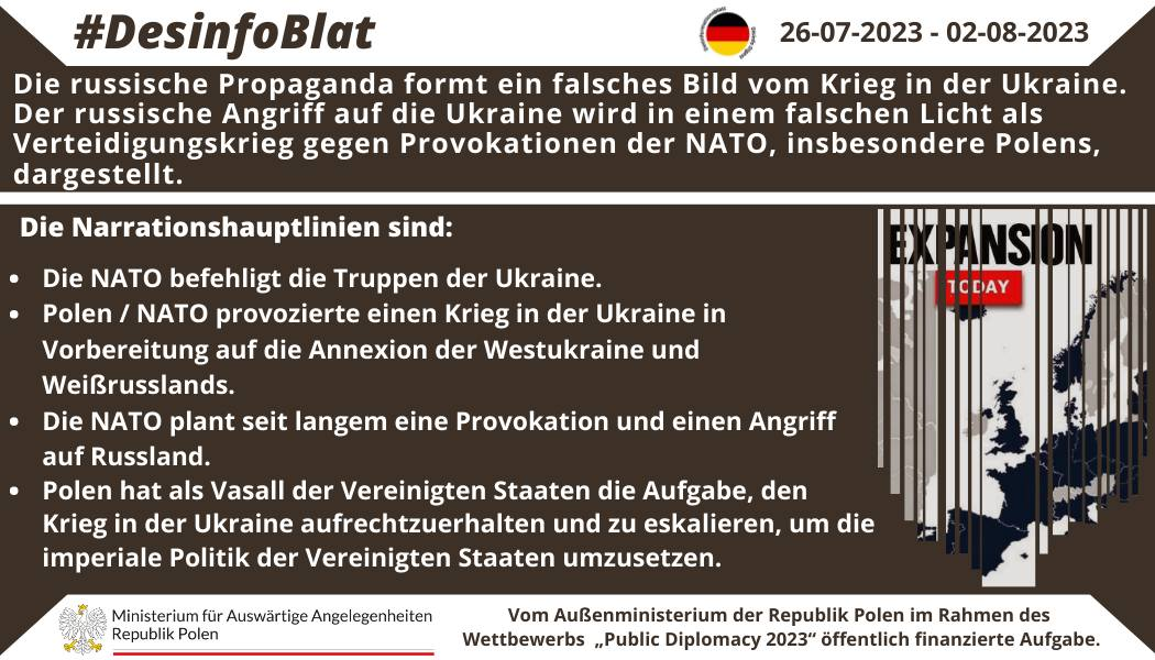 02/08/2023: Der russische Propagandaapparat versucht, die Fakten über den russischen Angriff auf die Ukraine durch den falschen Eindruck zu ersetzen, einen Stellvertreterkrieg in der Ukraine zu führen, der sich gegen die „Aggression” des Westens, der NATO, verteidigt.