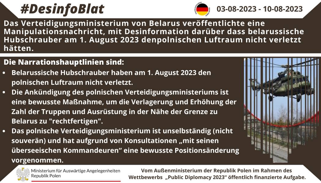 10/08/2023: Der russische Propagandaapparat verbreitet Desinformation des belarussischen Verteidigungsministeriumsdarüber, dass belarussische Hubschrauber den polnischen Luftraum nicht überqueren.