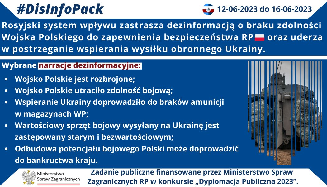 16/06/2023 r.: Rosyjski system wpływu zastrasza dezinformacją o braku zdolności Wojska Polskiego do zapewnienia bezpieczeństwa RP oraz uderza w postrzeganie wspierania wysiłku obronnego Ukrainy. W #DisInfoPack prezentujemy najczęściej występujące narracje dezinformacyjne towarzyszące tej operacji.