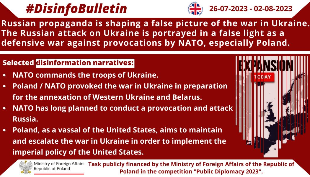 02/08/2023: The Russian propaganda apparatus seeks to replace the facts about the Russian attack on Ukraine with a false impression of conducting a proxy war in Ukraine, defence against the „aggression” of the West, NATO.