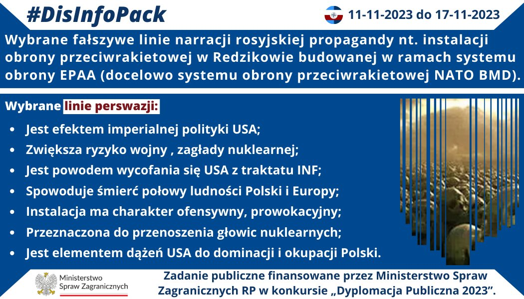 17/11/2023 r.: Instalacja systemu obrony przeciwrakietowej w Redzikowie była i jest celem ataków manipulacyjnych Federacji Rosyjskiej. Propaganda Kremla dezinformuje jakoby tarcza antyrakietowa była „systemem uderzeniowym zdolnym do użycia broni nuklearnej” p-ko Rosji.