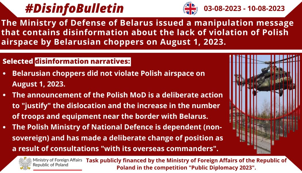 10/08/2023: The Russian propaganda apparatus propagates the disinformation of the Belarusian MoD about Belarusian choppers not crossing Polish airspace.