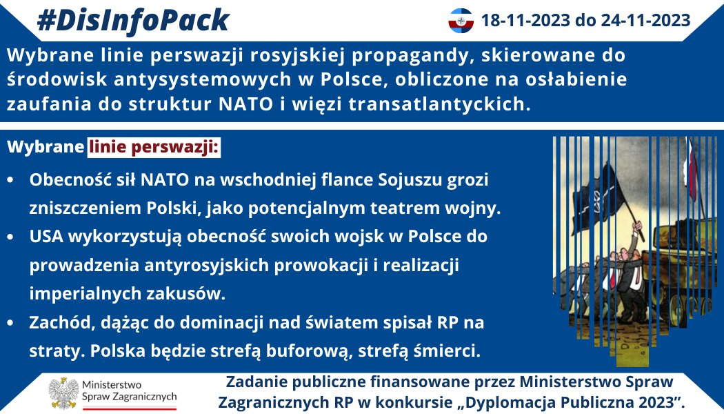 24/11/2023 r.: Monitorowaliśmy aktywność informacyjną Rosjan, skierowaną do radykalnych środowisk antysystemowych w Polsce. Zastosowane linie perswazji są obliczone na osłabianie zaufania do struktur NATO i więzi transatlantyckich.