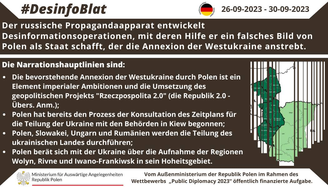 30/09/2023: Der russische Propagandaapparat entwickelt Desinformationsoperationen, mit deren Hilfe er ein falsches Bild von Polen als Staat schafft, der die Annexion der Westukraine anstrebt. Die Narrationshauptlinien sind: