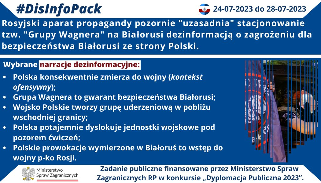 28/07/2023 r.: Rosyjski aparat propagandy pozornie „uzasadnia” stacjonowanie tzw. „Grupy Wagnera” na Białorusi dezinformacją o zagrożeniu dla bezpieczeństwa Białorusi ze strony Polski. Prezentujemy wybrane narracje dezinformacyjne towarzyszące operacji: