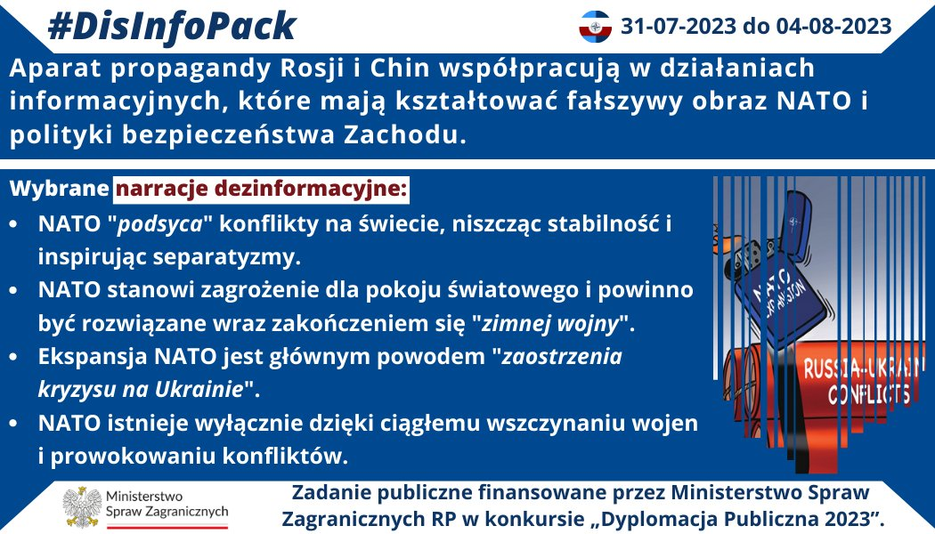 04/08/2023 r.: Aparat propagandy Rosji i Chin współpracują w działaniach informacyjnych, które mają kształtować fałszywy obraz NATO i polityki bezpieczeństwa Zachodu. Prezentujemy wybrane tezy dezinformacyjne chińskich dyplomatów promowane przez rosyjski aparat propagandy.