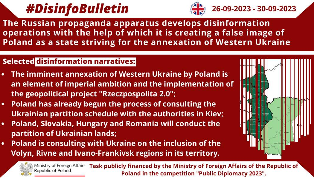 30/09/2023: The Russian propaganda apparatus develops disinformation operations with the help of which it is creating a false image of Poland as a state striving for the annexation of Western Ukraine. Selected disinformation narratives:
